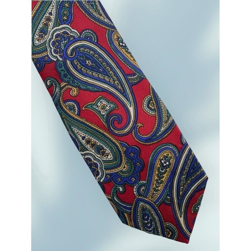 Vintage Michael James Red Blue Paisley Silk NeckTie 49” X 2 1/2” Nice Retro Tie